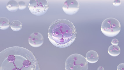 3D rendering Cosmetics Serum bubbles on defocus background. Collagen bubbles Design. Molecule inside a liquid bubble. Essence Ball Molecules. 