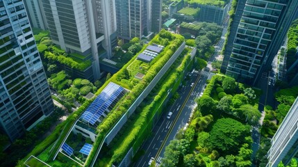 An aerial view of a city skyline with green rooftops,  solar panels,  and bike lanes,  illustrating sustainable urban planning and eco-friendly infrastructure