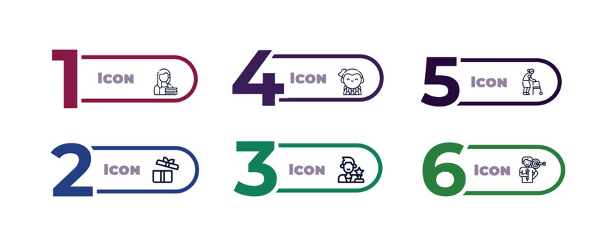 outline icons set from people concept. editable vector included student books, scholar girl front, occupant, old lady walking, cinema award, man thinking about love icons.