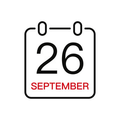 September 26 date on the calendar, vector line stroke icon for user interface. Calendar with date, vector illustration.