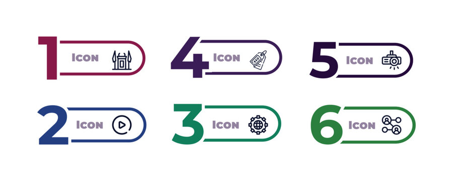 outline icons set from multimedia concept. editable vector included science conference, seo tag, big video projector, play buttom, world wide, interface icons.