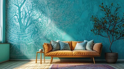 an immersive visual experience with a tree mandala pattern on a vibrant solid wall background, featuring a chic sofa. - obrazy, fototapety, plakaty