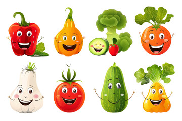 cute vegetables characters with a smile on a white background