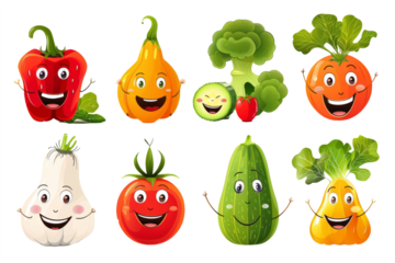 cute vegetables characters with a smile on a white background
