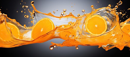 Orange slices are dropping into the water, creating splashes of fresh orange juice