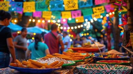A vibrant street scene capturing the essence of a Mexican fiesta, with a focus on a colorful stall serving freshly made churros dusted 