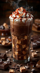 Chocolate smoothie  in a tall glass with whipped cream on top
