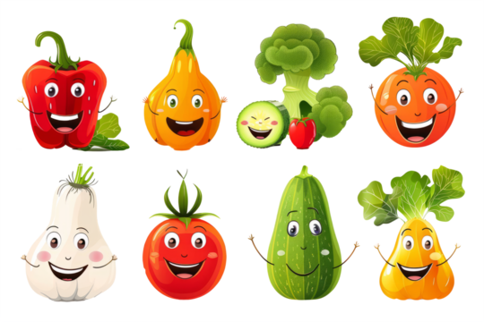 cute vegetables characters with a smile on a white background