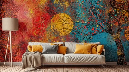 an immersive visual experience with a tree mandala pattern on a vibrant solid wall background, featuring a chic sofa.