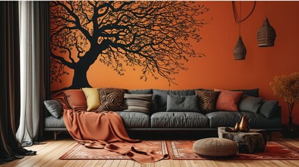 an immersive visual experience with a tree mandala on a bold solid wall background, featuring a chic sofa. - obrazy, fototapety, plakaty