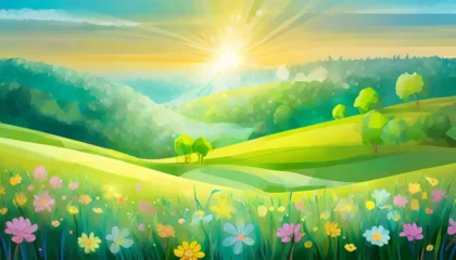 Poster Beautiful spring landscape with grass and flowers © Gulmira 