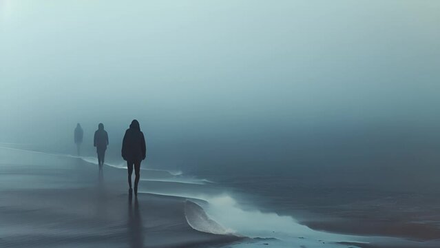 Figures Walking on Foggy Beach at Dusk with Ai generated.

