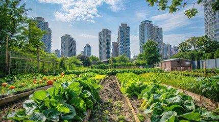 A vibrant urban community garden, where city dwellers tend their plots under the summer sun. The...