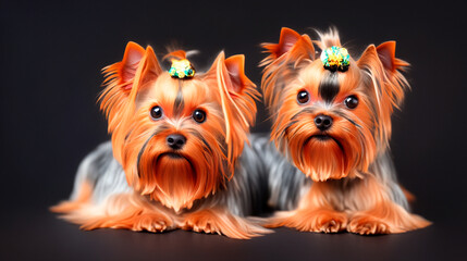 Cute yorkshire terrier dogs on a dark background