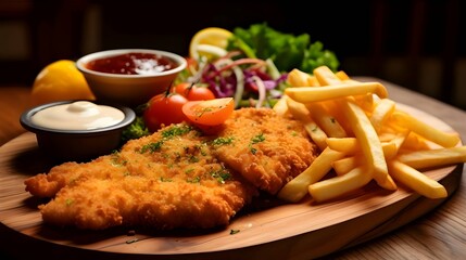 Schnitzel with french fries and salad on a wooden board