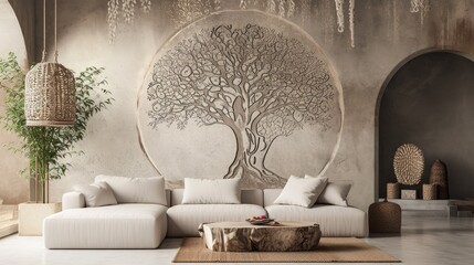 an eye-catching scene with a tree mandala design on a muted-colored wall, enhanced by the presence of a plush sofa. - obrazy, fototapety, plakaty