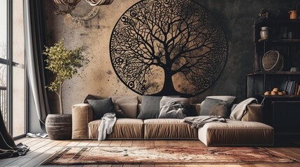 an eye-catching scene with a tree mandala design on a muted-colored wall, enhanced by the presence of a plush sofa.