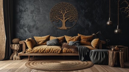 an eye-catching scene with a tree mandala design on a deep solid wall, enhanced by the presence of...