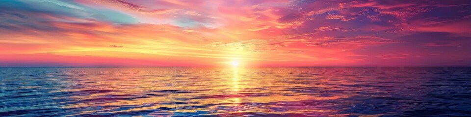 Naklejka na ściany i meble Panoramic view of ocean at sunset. Summer landscape. Beauty of nature. Design for wallpaper, banner 