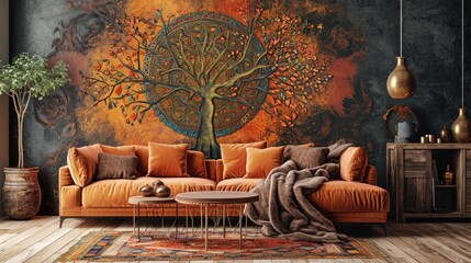 an eye-catching scene with a tree mandala design on a deep solid wall, enhanced by the presence of a plush sofa.
