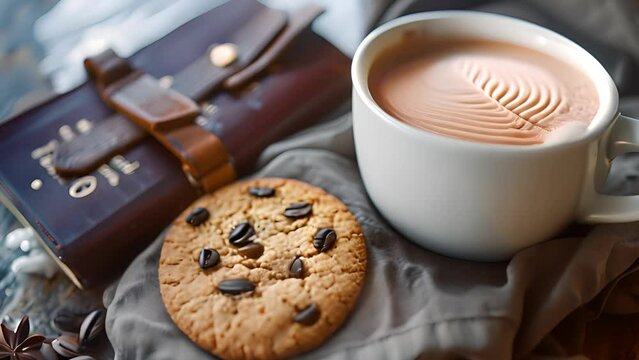 Latte Art Coffee with Chocolate Chip Cookie with Ai generated.
