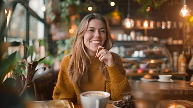 Happy Woman Eating Biscuit in Cozy Cafe with Ai generated.
 