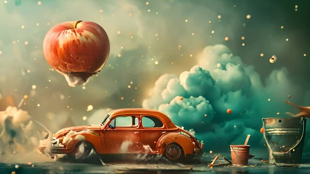 Surreal Dreamscape with Apple, Car, and Bird with Ai generated.
