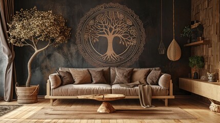 an eye-catching scene featuring a tree mandala design on a deep solid wall, enhanced by the...