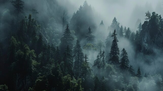 Misty forest in the mountains.