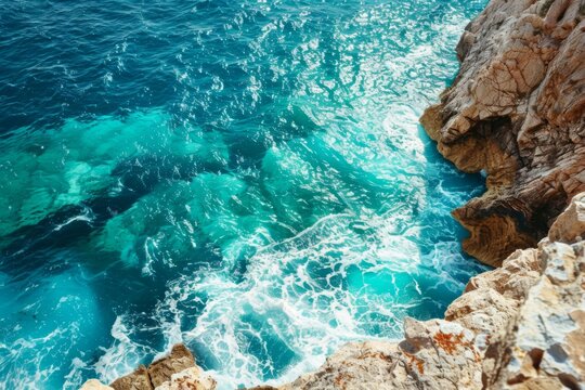 Turquoise waters against rocky cliffs. Summer landscape. Beauty of nature. Design for wallpaper, banner with copy space