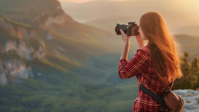 A woman in a plaid shirt takes landscape photographs of mountains and valleys