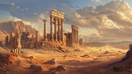 Ancient ruins in the desert, desert sandy landscape