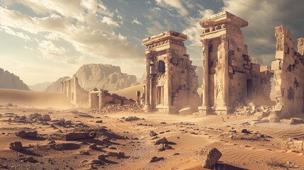 Ancient ruins in the desert, desert sandy landscape - obrazy, fototapety, plakaty