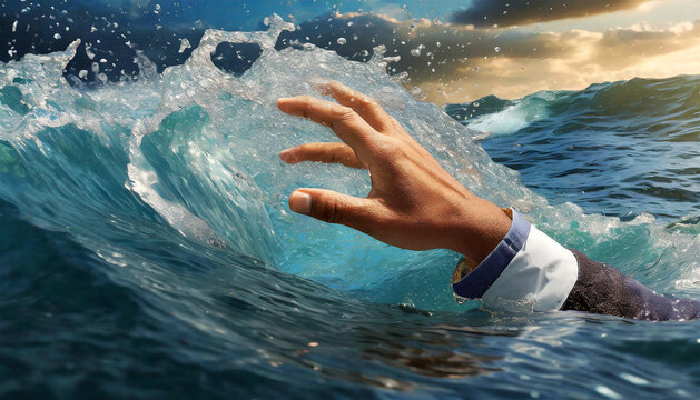 Close-up of a hand of a man sinking in the stormy sea, a hand that is asking for help in a sea of difficulties. Concept of drowning in water. Generative Ai.