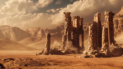 Ancient ruins in the desert, desert sandy landscape
