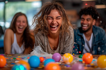 Playful scene with friends sharing jokes and pranks to celebrate April Fools Day - obrazy, fototapety, plakaty