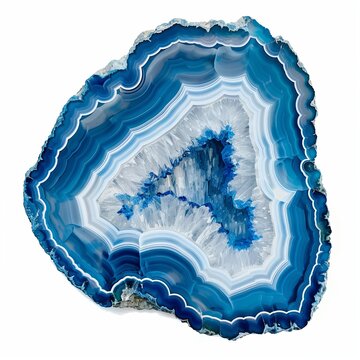 Blue agate geode slice with crystalline quartz center, polished natural mineral stone, vibrant turquoise gemstone cross section on white background