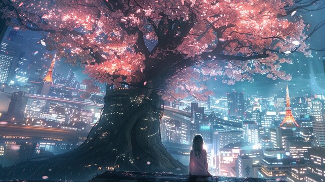 A large sakura tree in the city center.