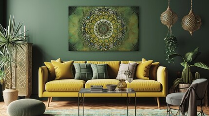 an enchanting flowering mandala on a muted olive green background, enhancing the ambiance with a...