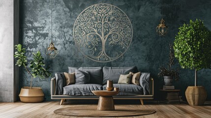 an elegant tree mandala design on a muted solid wall, enhanced by the presence of a comfortable sofa.