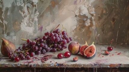 An artist's studio, where a still life painting of fruit is in progress. The canvas captures a classic arrangement of fruits, including a bunch of grapes draping over the edge of a table.