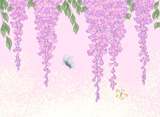 Illustration of wisteria and butterflies. Blooming wisteria flowers and leaves, digital art.