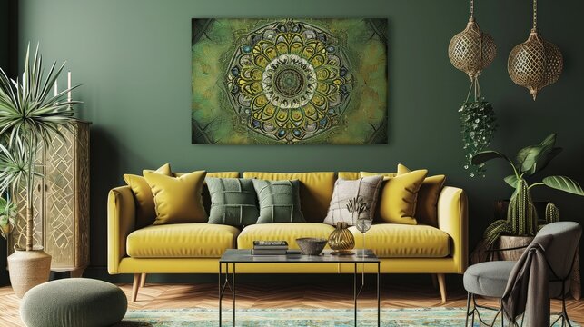an enchanting flowering mandala on a muted olive green background, enhancing the ambiance with a sophisticated sofa.