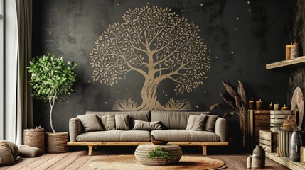 an elegant tree mandala design on a muted solid wall, enhanced by the presence of a comfortable sofa.