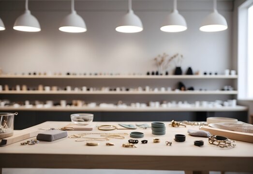 Blurred image of a minimalist jewelry workshop, generative AI