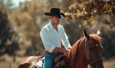 Handsome man  wearing white shirt and dark hat with blue jeans and sitting on horse. - obrazy, fototapety, plakaty