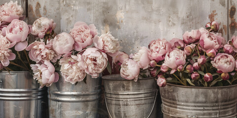 Nostalgia vintage silver buckets crammed full with lush peony buds and other vintage blooms flowers rustic background.