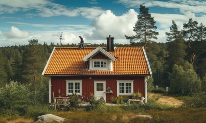 Cozy swedish house style with wood and red color combination