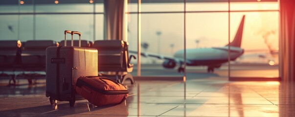 baggage on the floor in airport hall with big windows.