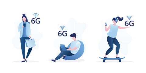 6G Network technology. Users catch 6g internet connection. Young adults with smart gadgets using wireless internet. Fast online mobile connection.